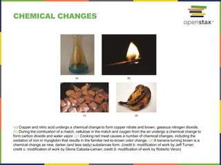 CHEMICAL CHANGES
(a) Copper and nitric acid undergo a chemical change to form copper nitrate and brown, gaseous nitrogen dioxide.
(b) During the combustion of a match, cellulose in the match and oxygen from the air undergo a chemical change to
form carbon dioxide and water vapor. (c) Cooking red meat causes a number of chemical changes, including the
oxidation of iron in myoglobin that results in the familiar red-to-brown color change. (d) A banana turning brown is a
chemical change as new, darker (and less tasty) substances form. (credit b: modification of work by Jeff Turner;
credit c: modification of work by Gloria Cabada-Leman; credit d: modification of work by Roberto Verzo)
 