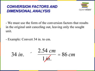 64
- We must use the form of the conversion factors that results
in the original unit canceling out, leaving only the sought
unit.
- Example: Convert 34 in. to cm.
CONVERSION FACTORS AND
DIMENSIONAL ANALYSIS
34 in. ´
2.54 cm
1in.
= 86 cm
 