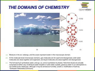 (a) Moisture in the air, icebergs, and the ocean represent water in the macroscopic domain.
(b) At the molecular level (microscopic domain), gas molecules are far apart and disorganized, solid water
molecules are close together and organized, and liquid molecules are close together and disorganized.
(c) The formula H2O symbolizes water, and (g), (s), and (l) symbolize its phases. Note that clouds are actually
comprised of either very small liquid water droplets or solid water crystals; gaseous water in our atmosphere is
not visible to the naked eye, although it may be sensed as humidity. (credit a: modification of work by
“Gorkaazk”/Wikimedia Commons)
THE DOMAINS OF CHEMISTRY
 