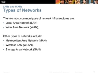 Presentation_ID 18
© 2008 Cisco Systems, Inc. All rights reserved. Cisco Confidential
LANs and WANs
Types of Networks
The two most common types of network infrastructures are:
▪ Local Area Network (LAN)
▪ Wide Area Network (WAN).
Other types of networks include:
▪ Metropolitan Area Network (MAN)
▪ Wireless LAN (WLAN)
▪ Storage Area Network (SAN)
 