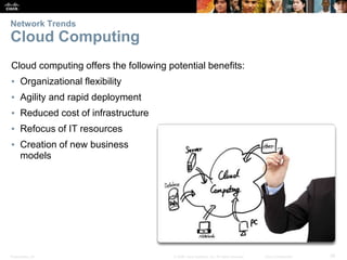 Presentation_ID 39
© 2008 Cisco Systems, Inc. All rights reserved. Cisco Confidential
Network Trends
Cloud Computing
Cloud computing offers the following potential benefits:
▪ Organizational flexibility
▪ Agility and rapid deployment
▪ Reduced cost of infrastructure
▪ Refocus of IT resources
▪ Creation of new business
models
 