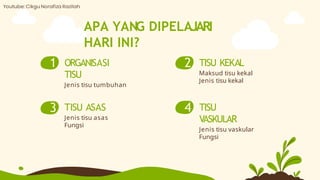 APA YANG DIPELAJARI
HARI INI?
1 2
3 4
TISU KEKAL
Maksud tisu kekal
Jenis tisu kekal
ORGANISASI
TISU
Jenis tisu tumbuhan
TISU
VASKULAR
Jenis tisu vaskular
Fungsi
TISU ASAS
Jenis tisu asas
Fungsi
 