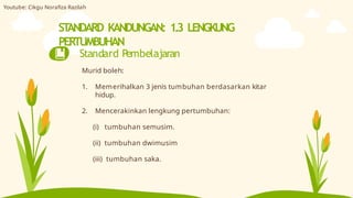 ST
ANDARD KANDUNGAN: 1.3 LENGKUNG
PERTUMBUHAN
Standard Pembelajaran
Murid boleh:
1. Memerihalkan 3 jenis tumbuhan berdasarkan kitar
hidup.
2. Mencerakinkan lengkung pertumbuhan:
(i) tumbuhan semusim.
(ii) tumbuhan dwimusim
(iii) tumbuhan saka.
Youtube: Cikgu Norafiza Razilah
 