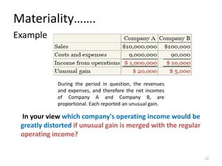 Materiality…….
Example
22
During the period in question, the revenues
and expenses, and therefore the net incomes
of Company A and Company B, are
proportional. Each reported an unusual gain.
In your view which company's operating income would be
greatly distorted if unusual gain is merged with the regular
operating income?
 