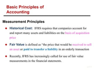 Measurement Principles
 Historical Cost: IFRS requires that companies account for
and report many assets and liabilities on the basis of acquisition
price
 Fair Value is defined as “the price that would be received to sell
an asset or paid to transfer a liability in an orderly transaction
 Recently, IFRS has increasingly called for use of fair value
measurements in the financial statements.
LO 4
Basic Principles of
Accounting
 