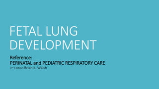 FETAL LUNG
DEVELOPMENT
Reference:
PERINATAL and PEDIATRIC RESPIRATORY CARE
3rd Edition Brian K. Walsh
 