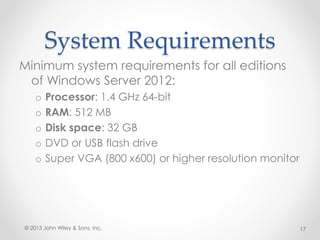 System Requirements
Minimum system requirements for all editions
of Windows Server 2012:
o Processor: 1.4 GHz 64-bit
o RAM: 512 MB
o Disk space: 32 GB
o DVD or USB flash drive
o Super VGA (800 x600) or higher resolution monitor
© 2013 John Wiley & Sons, Inc. 17
 