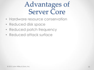 Advantages of
Server Core
• Hardware resource conservation
• Reduced disk space
• Reduced patch frequency
• Reduced attack surface
© 2013 John Wiley & Sons, Inc. 33
 