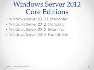 Windows Server 2012
Core Editions
• Windows Server 2012 Datacenter
• Windows Server 2012 Standard
• Windows Server 2012 Essentials
• Windows Server 2012 Foundation
© 2013 John Wiley & Sons, Inc. 5
 