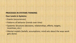 PROCESSES IN SYSTEMS THINKING
Four Levels in Systems:
• Events (occurrences)
• Patterns of behavior (trends over time)
• Systemic Structure (decisions, relationships, efforts, targets,
incentives, etc.)
• Mental models (beliefs; assumptions; mind sets about the ways work
gets done)
 