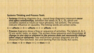 Systems Thinking and Process Tools
• Systems thinking diagrams (e.g., causal-loop diagrams) represent cause
and effect relationships, between the labels (A, B, C, D), which are
variables (stated as nouns or noun phrases), not actions. The arrows
indicate influence or causality. The linking words are action verbs.
A => affects => B => affects => C => affects => D
• Process diagrams show a flow or sequence of activities. The labels (A, B, C,
D) are verbs, tasks, or steps. The arrows show sequence and chronology. A
change in one step or element in the process does not necessarily change
other steps or elements: Two well-known process diagrams are the
Shewhart Plan-DoCheck- Act and Deming Plan-Do-Study-Act cycles.
A => then => B => then => C => then => D
 