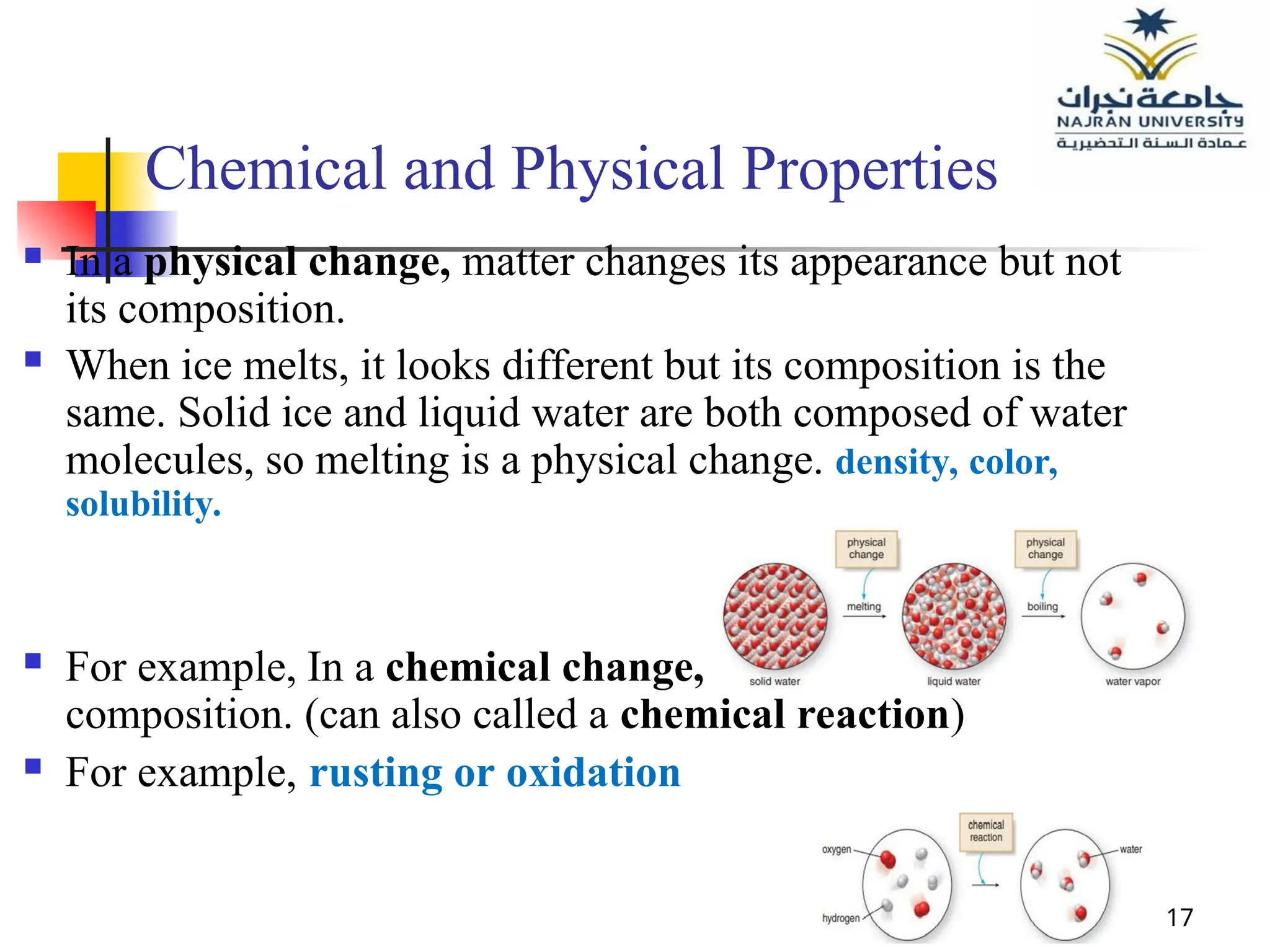 17
Chemical and Physical Properties
 In a physical change, matter changes its appearance but not
its composition.
 When ice melts, it looks different but its composition is the
same. Solid ice and liquid water are both composed of water
molecules, so melting is a physical change. density, color,
solubility.
 For example, In a chemical change, matter does change its
composition. (can also called a chemical reaction)
 For example, rusting or oxidation
 