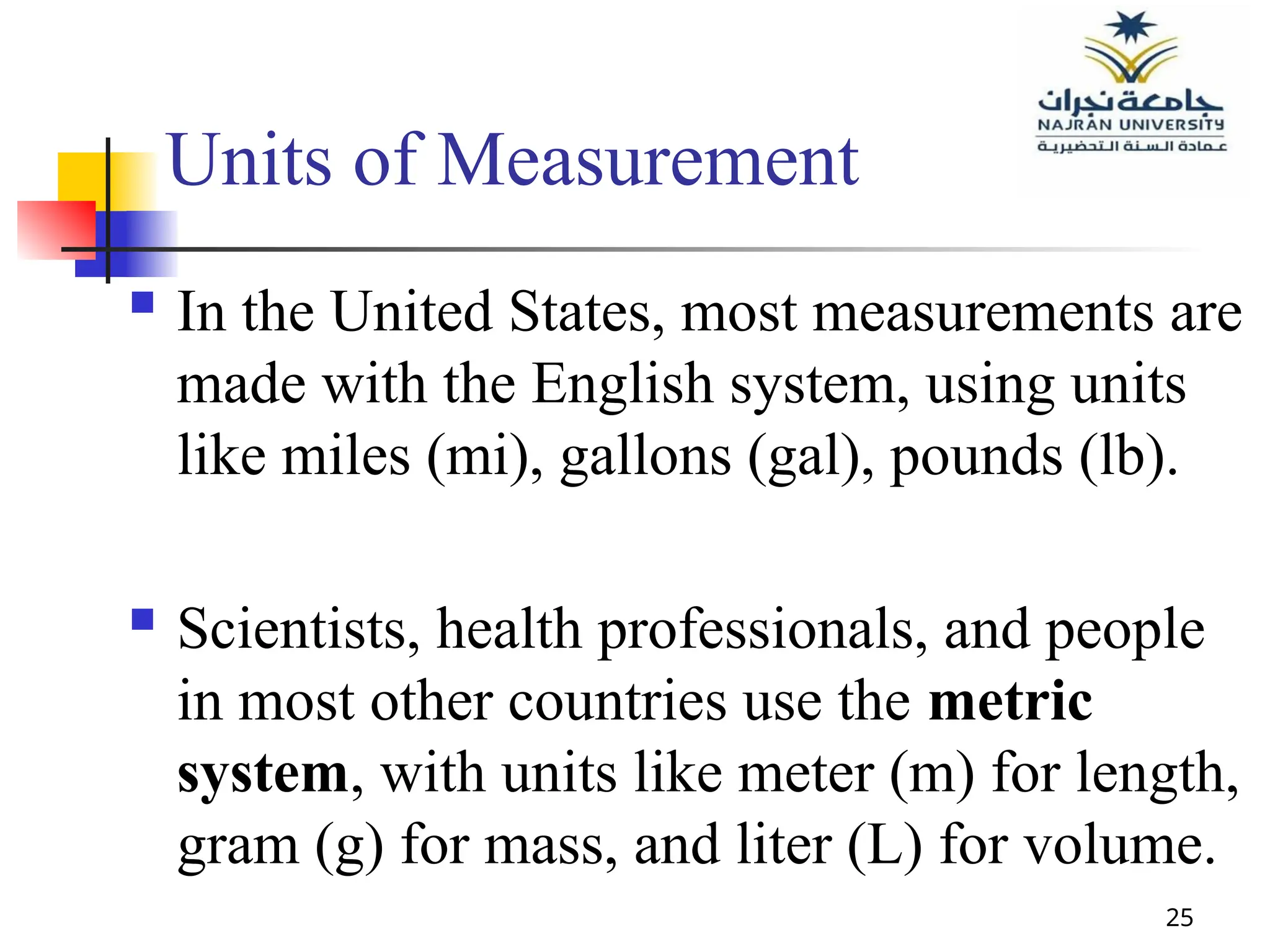 25
Units of Measurement
 In the United States, most measurements are
made with the English system, using units
like miles (mi), gallons (gal), pounds (lb).
 Scientists, health professionals, and people
in most other countries use the metric
system, with units like meter (m) for length,
gram (g) for mass, and liter (L) for volume.
 