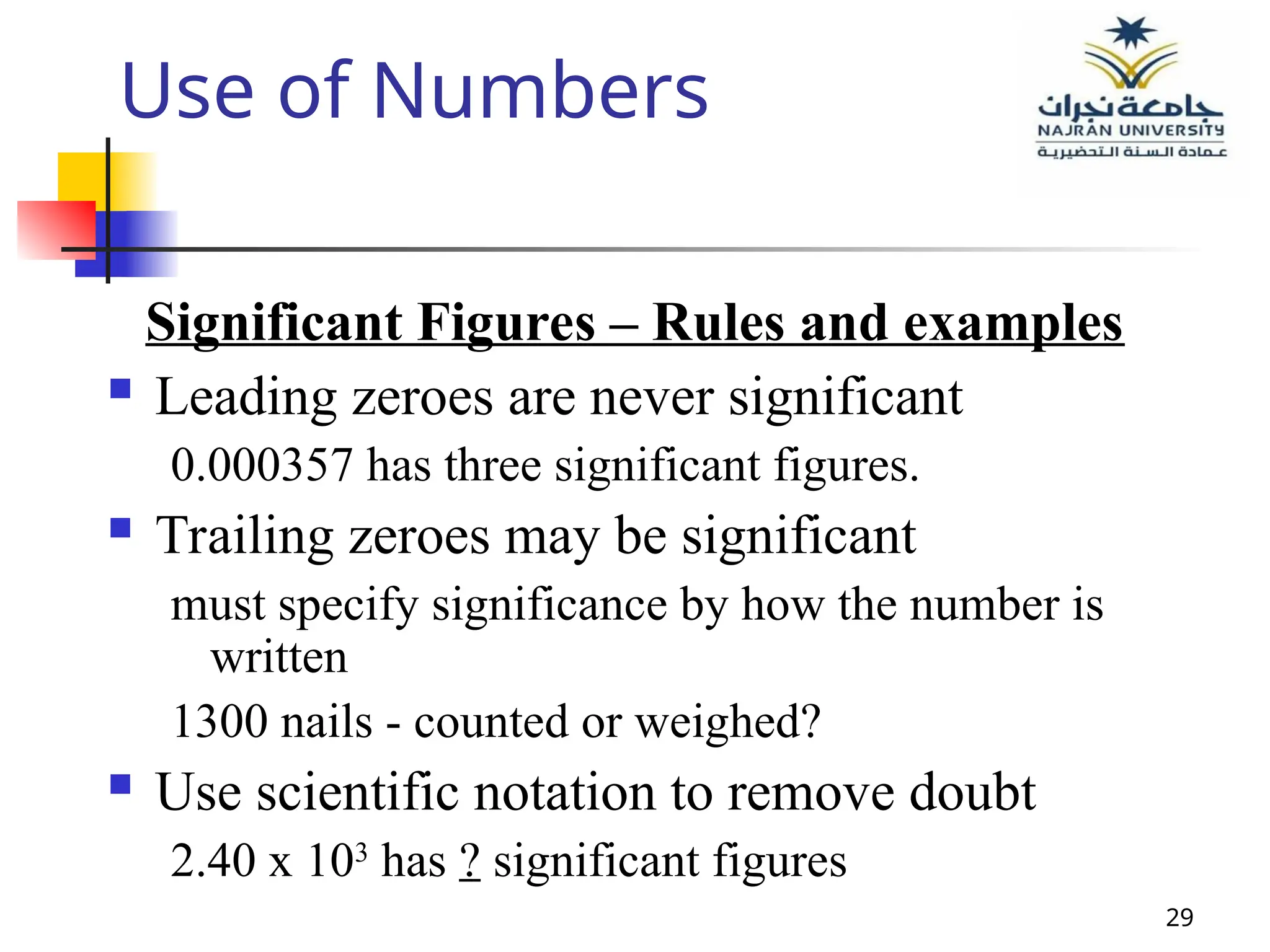 29
Use of Numbers
Significant Figures – Rules and examples
 Leading zeroes are never significant
0.000357 has three significant figures.
 Trailing zeroes may be significant
must specify significance by how the number is
written
1300 nails - counted or weighed?
 Use scientific notation to remove doubt
2.40 x 103
has ? significant figures
 