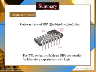 © 2009 Pearson Education, Upper Saddle River, NJ 07458. All Rights ReservedFloyd, Digital Fundamentals, 10th
ed
SummarySummary
Integrated Circuits
Plastic
case
Pins
Chip
Cutaway view of DIP (Dual-In-line Pins) chip:
The TTL series, available as DIPs are popular
for laboratory experiments with logic.
 