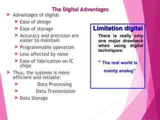 The Digital Advantages
The Digital Advantages
 Advantages of digital
 Ease of design
 Ease of storage
 Accuracy and precision are
easier to maintain
 Programmable operation
 Less affected by noise
 Ease of fabrication on IC
chips
 Thus, the systems is more
efficient and reliable:
 Data Processing
 Data Transmission
 Data Storage
5
Limitation digital
Limitation digital
There is really only
one major drawback
when using digital
techniques:
“ The real world is
mainly analog”
 