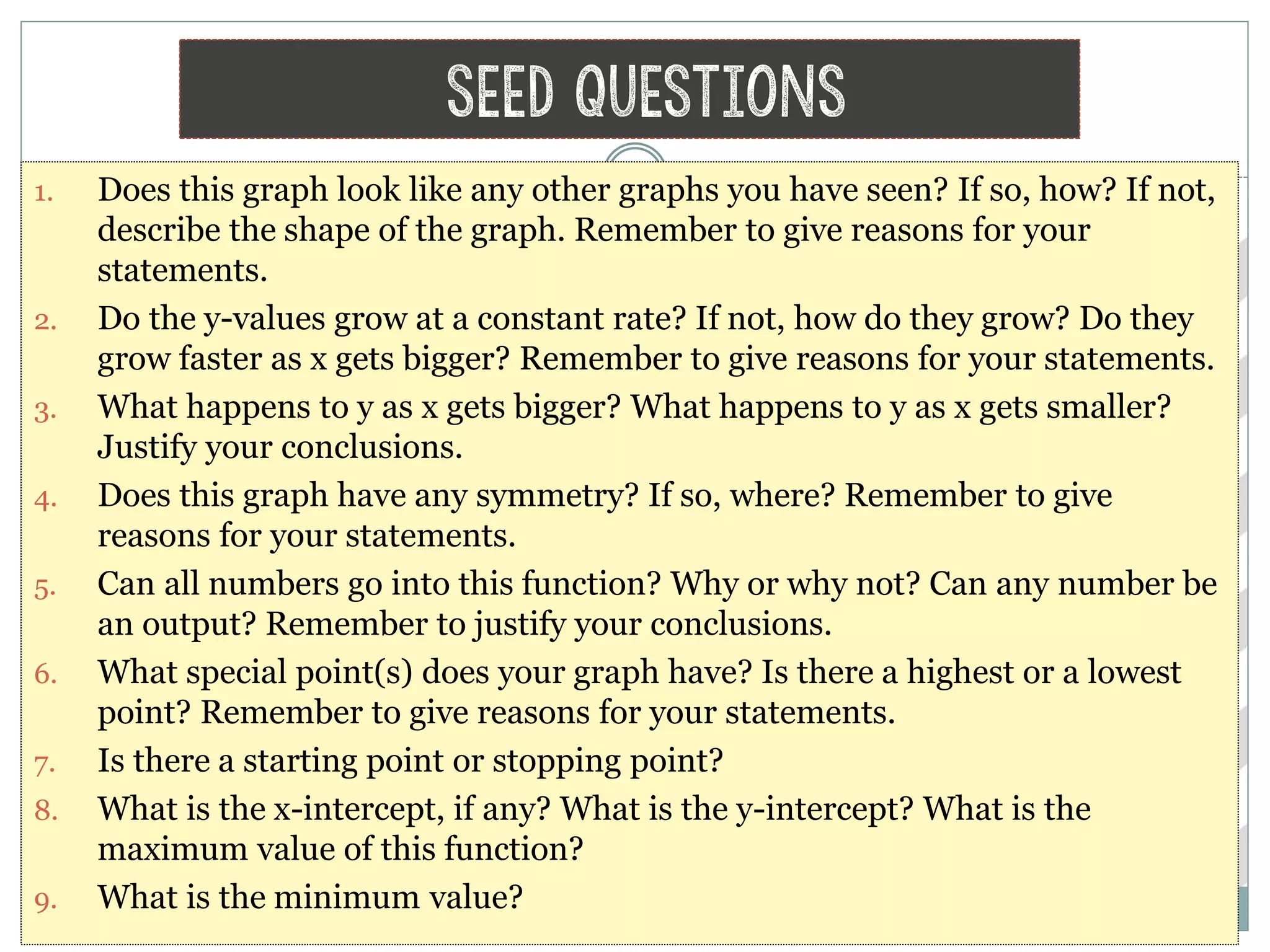 Seed questions
1. Does this graph look like any other graphs you have seen? If so, how? If not,
describe the shape of the graph. Remember to give reasons for your
statements.
2. Do the y-values grow at a constant rate? If not, how do they grow? Do they
grow faster as x gets bigger? Remember to give reasons for your statements.
3. What happens to y as x gets bigger? What happens to y as x gets smaller?
Justify your conclusions.
4. Does this graph have any symmetry? If so, where? Remember to give
reasons for your statements.
5. Can all numbers go into this function? Why or why not? Can any number be
an output? Remember to justify your conclusions.
6. What special point(s) does your graph have? Is there a highest or a lowest
point? Remember to give reasons for your statements.
7. Is there a starting point or stopping point?
8. What is the x-intercept, if any? What is the y-intercept? What is the
maximum value of this function?
9. What is the minimum value?
 