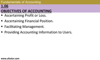 Fundamentals of Accounting
1.06
OBJECTIVES OF ACCOUNTING
 Ascertaining Profit or Loss.
 Ascertaining Financial Position.
 Facilitating Management.
 Providing Accounting Information to Users.
www.afzalur.com
 