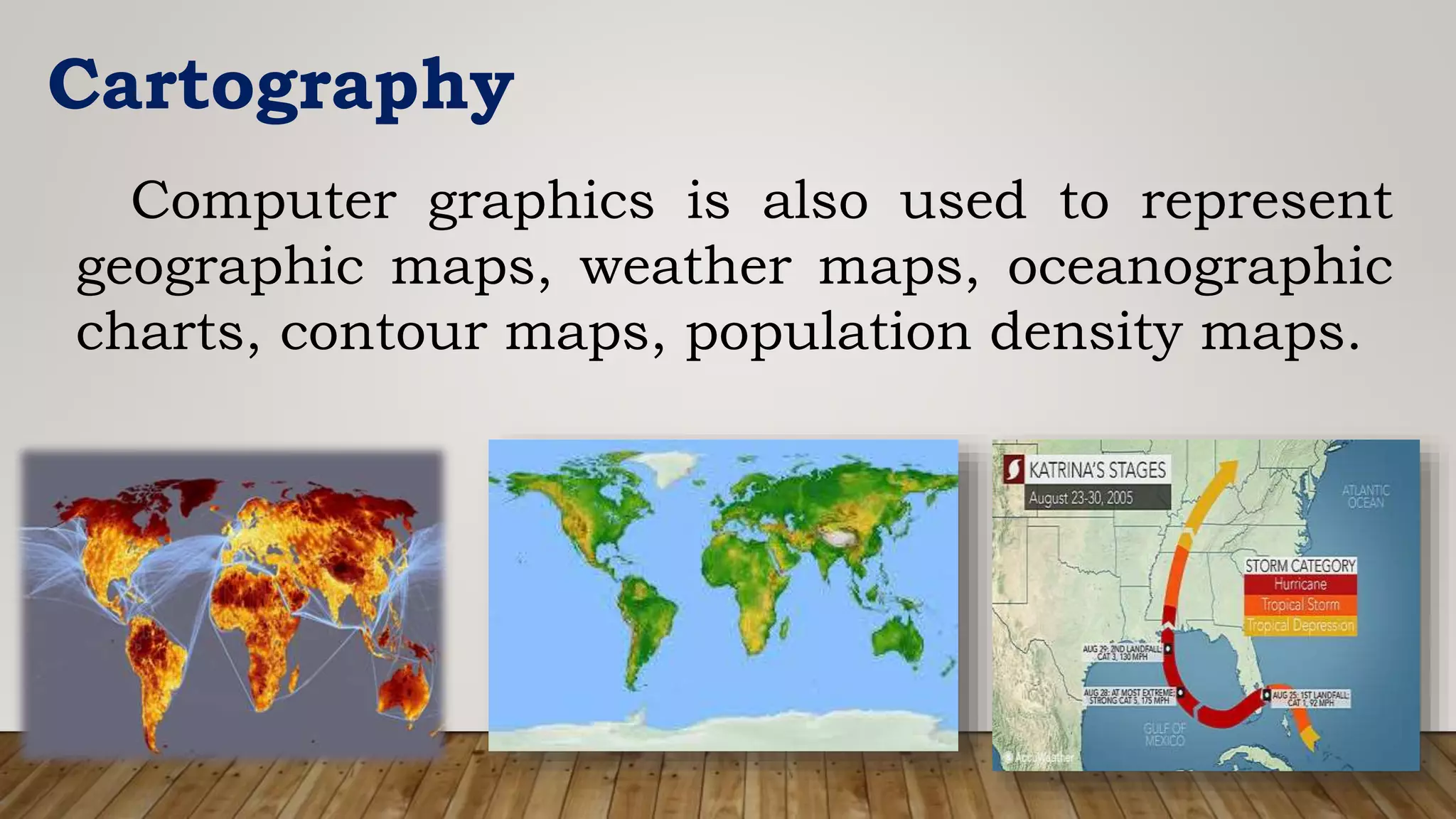 Cartography
Computer graphics is also used to represent
geographic maps, weather maps, oceanographic
charts, contour maps, population density maps.
 