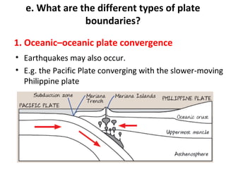 e. What are the different types of plate 
boundaries? 
1. Oceanic–oceanic plate convergence 
• Earthquakes may also occur. 
• E.g. the Pacific Plate converging with the slower-moving 
Philippine plate 
 