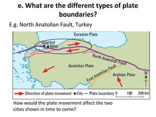 e. What are the different types of plate 
boundaries? 
E.g. North Anatolian Fault, Turkey 
How would the plate movement affect the two 
cities shown in time to come? 
 