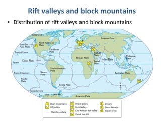 Rift valleys and block mountains 
• Distribution of rift valleys and block mountains 
 