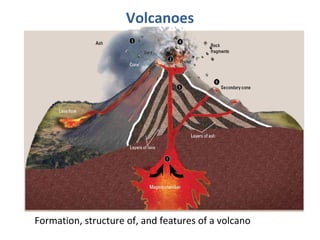 Volcanoes 
Formation, structure of, and features of a volcano 
 