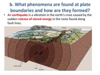 b. What phenomena are found at plate 
boundaries and how are they formed? 
• An earthquake is a vibration in the earth’s crust caused by the 
sudden release of stored energy in the rocks found along 
fault lines. 
 