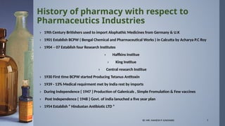 BY. MR. MAHESH P JUNGHARE 7
History of pharmacy with respect to
Pharmaceutics Industries
› 19th Century Britishers used to import Alophathic Medicines from Germany & U.K
› 1901 Establish BCPW ( Bengal Chemical and Pharmaceutical Works ) in Calcutta by Acharya P.C Roy
› 1904 – 07 Establish four Research Institutes
› Haffkins Institue
› King Institue
› Central research Institue
› 1930 First time BCPW started Producing Tetanus Antitoxin
› 1939 - 13% Medical requirment met by India rest by imports
› During Independence { 1947 } Production of Galenicals , Simple Fromulation & Few vaccines
› Post Independence { 1948 } Govt. of india lanuched a five year plan
› 1954 Establish “ Hindustan Antibiotic LTD “
 