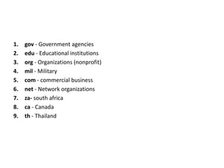 1. gov - Government agencies
2. edu - Educational institutions
3. org - Organizations (nonprofit)
4. mil - Military
5. com - commercial business
6. net - Network organizations
7. za- south africa
8. ca - Canada
9. th - Thailand
 
