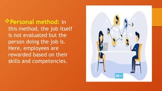 Personal method: In
this method, the job itself
is not evaluated but the
person doing the job is.
Here, employees are
rewarded based on their
skills and competencies.
 