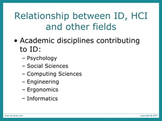 Relationship between ID, HCI and other fields Academic disciplines contributing to ID:  Psychology Social Sciences Computing Sciences Engineering Ergonomics Informatics   