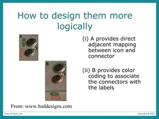 How to design them more logically (i) A provides direct adjacent mapping between icon and connector (ii) B provides color coding to associate the connectors with the labels From: www.baddesigns.com 