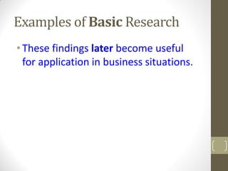 Examples of Basic Research
• These findings later become useful
for application in business situations.

 