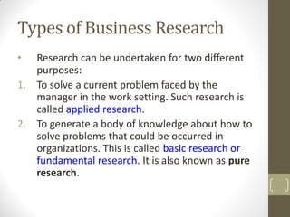 Types of Business Research
•

Research can be undertaken for two different
purposes:
1. To solve a current problem faced b...