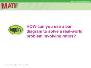 HOW can you use a bar
diagram to solve a real-world
problem involving ratios?
Ratios and Proportional Relationships
Course 2, Inquiry Lab before Lesson 1-1
 