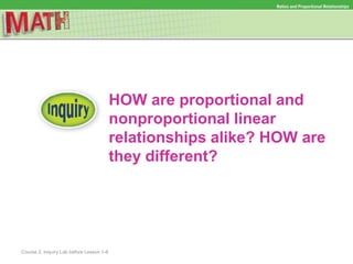 HOW are proportional and
nonproportional linear
relationships alike? HOW are
they different?
Ratios and Proportional Relationships
Course 2, Inquiry Lab before Lesson 1-6
 