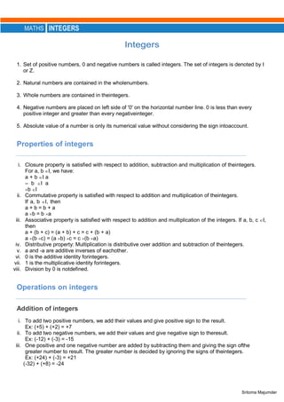 CBSE - Grade 7 - Mathematics - Ch 1 - Integers - Notes(PDF) | PDF