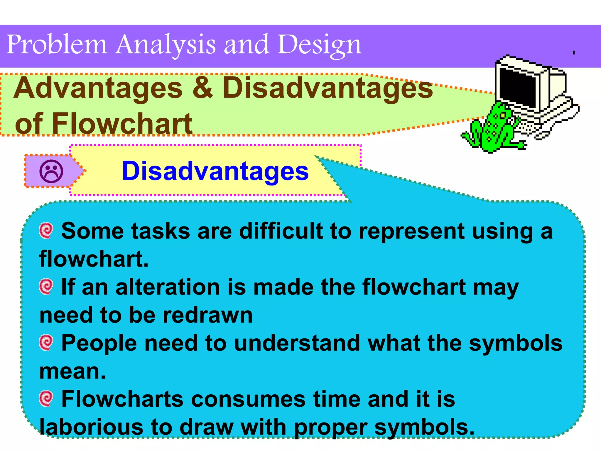 Advantages & Disadvantages
of Flowchart
Problem Analysis and Design
Disadvantages

Some tasks are difficult to represent using a
flowchart.
If an alteration is made the flowchart may
need to be redrawn
People need to understand what the symbols
mean.
Flowcharts consumes time and it is
laborious to draw with proper symbols.
 