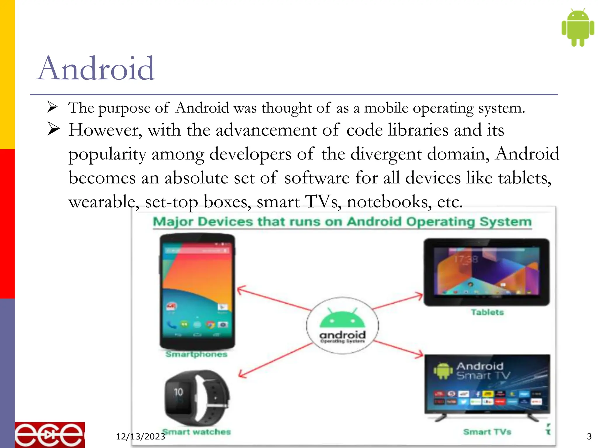 Android
3
 The purpose of Android was thought of as a mobile operating system.
 However, with the advancement of code libraries and its
popularity among developers of the divergent domain, Android
becomes an absolute set of software for all devices like tablets,
wearable, set-top boxes, smart TVs, notebooks, etc.
12/13/2023
 