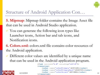Structure of Android Application Con…
5. Mipmap: Mipmap folder contains the Image Asset file
that can be used in Android Studio application.
 You can generate the following icon types like
Launcher icons, Action bar and tab icons, and
Notification icons.
6. Colors.xml: colors.xml file contains color resources of
the Android application.
 Different color values are identified by a unique name
that can be used in the Android application program.
12
12/13/2023
 