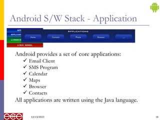 Android S/W Stack - Application
12/13/2023 16
Android provides a set of core applications:
 Email Client
 SMS Program
 Calendar
 Maps
 Browser
 Contacts
All applications are written using the Java language.
 