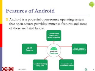 Features of Android
 Android is a powerful open-source operating system
that open-source provides immense features and some
of these are listed below.
6
12/13/2023
 
