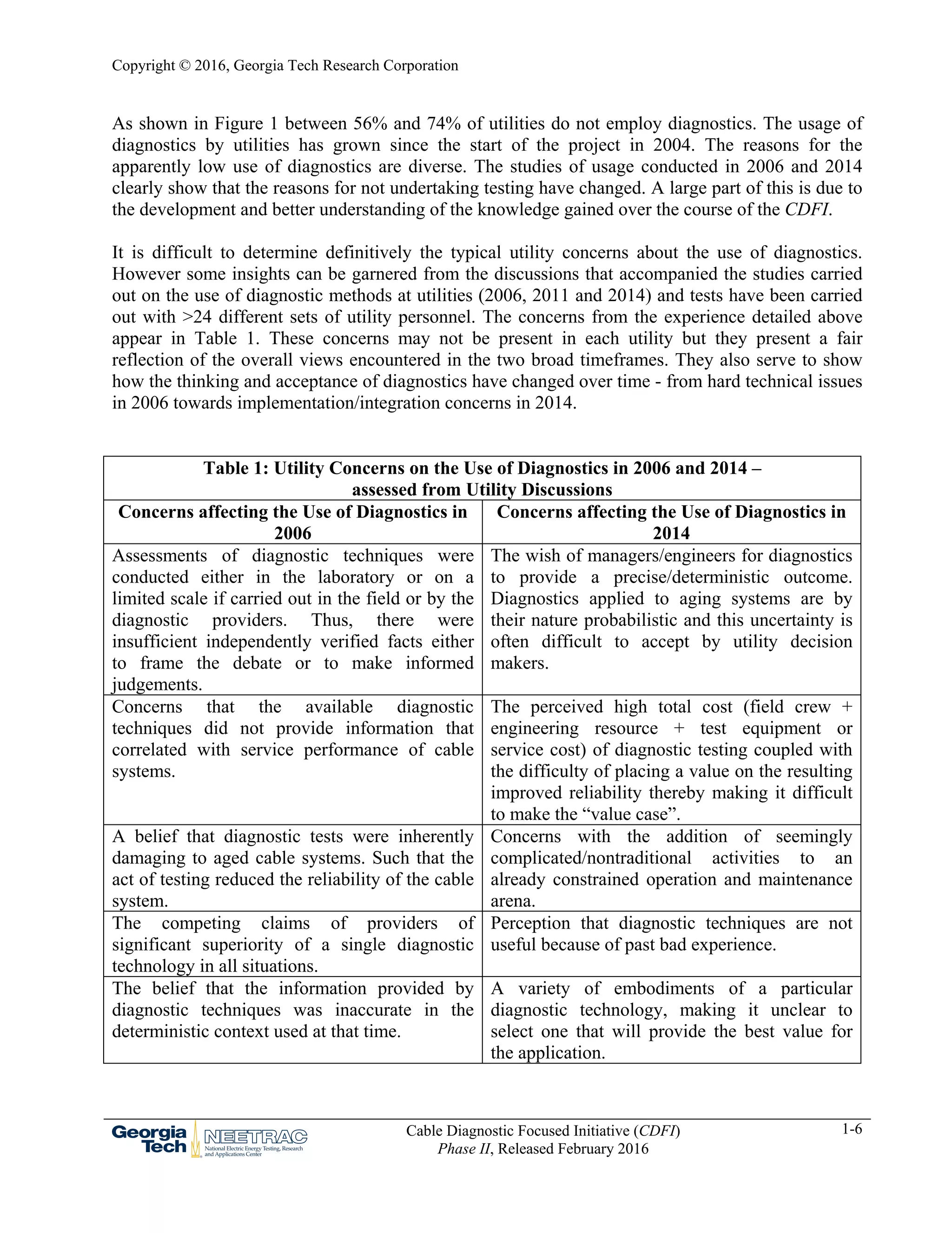 Copyright © 2016, Georgia Tech Research Corporation
Cable Diagnostic Focused Initiative (CDFI)
Phase II, Released February 2016
1-6
As shown in Figure 1 between 56% and 74% of utilities do not employ diagnostics. The usage of
diagnostics by utilities has grown since the start of the project in 2004. The reasons for the
apparently low use of diagnostics are diverse. The studies of usage conducted in 2006 and 2014
clearly show that the reasons for not undertaking testing have changed. A large part of this is due to
the development and better understanding of the knowledge gained over the course of the CDFI.
It is difficult to determine definitively the typical utility concerns about the use of diagnostics.
However some insights can be garnered from the discussions that accompanied the studies carried
out on the use of diagnostic methods at utilities (2006, 2011 and 2014) and tests have been carried
out with >24 different sets of utility personnel. The concerns from the experience detailed above
appear in Table 1. These concerns may not be present in each utility but they present a fair
reflection of the overall views encountered in the two broad timeframes. They also serve to show
how the thinking and acceptance of diagnostics have changed over time - from hard technical issues
in 2006 towards implementation/integration concerns in 2014.
Table 1: Utility Concerns on the Use of Diagnostics in 2006 and 2014 –
assessed from Utility Discussions
Concerns affecting the Use of Diagnostics in
2006
Concerns affecting the Use of Diagnostics in
2014
Assessments of diagnostic techniques were
conducted either in the laboratory or on a
limited scale if carried out in the field or by the
diagnostic providers. Thus, there were
insufficient independently verified facts either
to frame the debate or to make informed
judgements.
The wish of managers/engineers for diagnostics
to provide a precise/deterministic outcome.
Diagnostics applied to aging systems are by
their nature probabilistic and this uncertainty is
often difficult to accept by utility decision
makers.
Concerns that the available diagnostic
techniques did not provide information that
correlated with service performance of cable
systems.
The perceived high total cost (field crew +
engineering resource + test equipment or
service cost) of diagnostic testing coupled with
the difficulty of placing a value on the resulting
improved reliability thereby making it difficult
to make the “value case”.
A belief that diagnostic tests were inherently
damaging to aged cable systems. Such that the
act of testing reduced the reliability of the cable
system.
Concerns with the addition of seemingly
complicated/nontraditional activities to an
already constrained operation and maintenance
arena.
The competing claims of providers of
significant superiority of a single diagnostic
technology in all situations.
Perception that diagnostic techniques are not
useful because of past bad experience.
The belief that the information provided by
diagnostic techniques was inaccurate in the
deterministic context used at that time.
A variety of embodiments of a particular
diagnostic technology, making it unclear to
select one that will provide the best value for
the application.
 