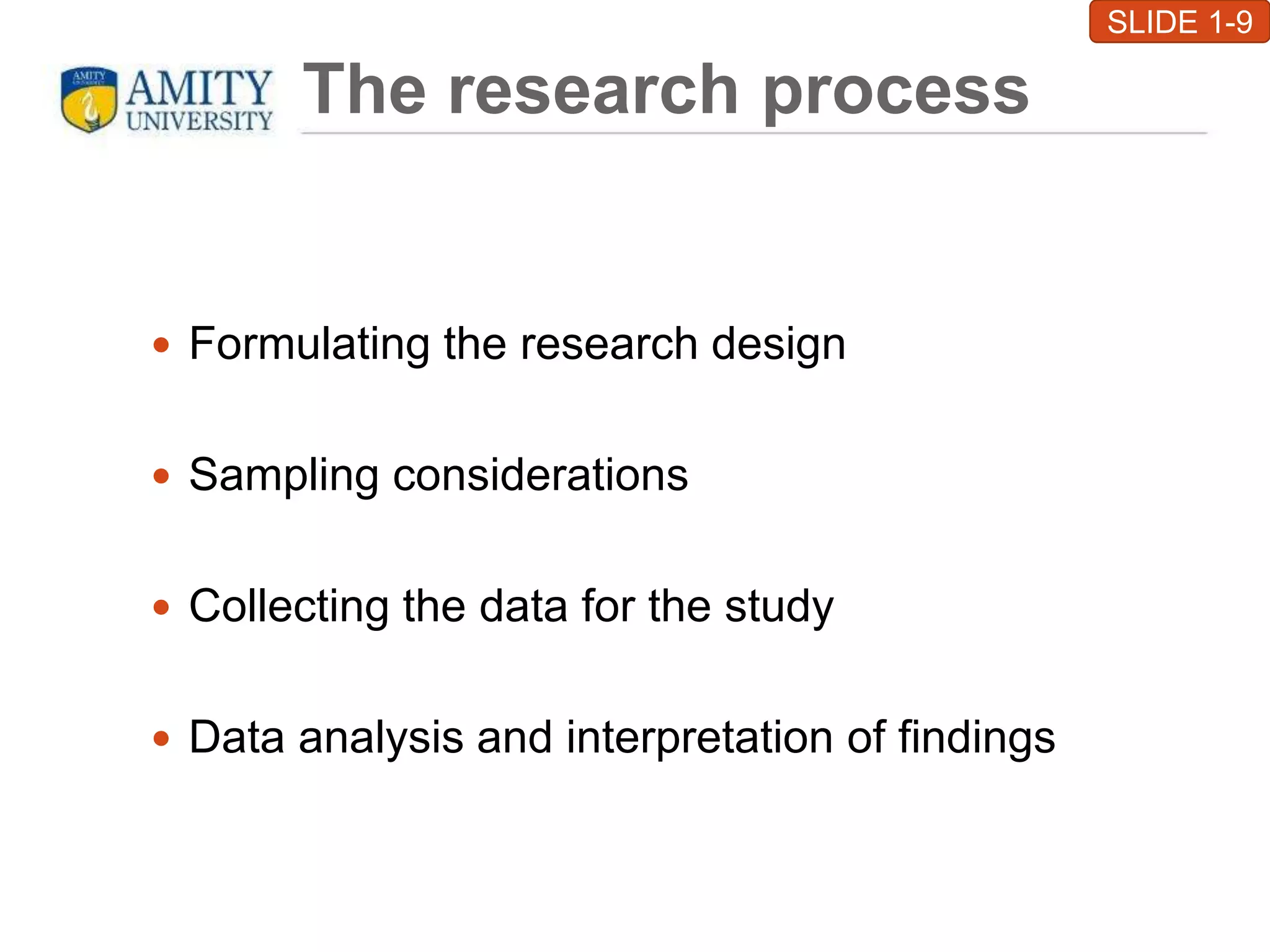 The research process
 Formulating the research design
 Sampling considerations
 Collecting the data for the study
 Data analysis and interpretation of findings
SLIDE 1-9
 