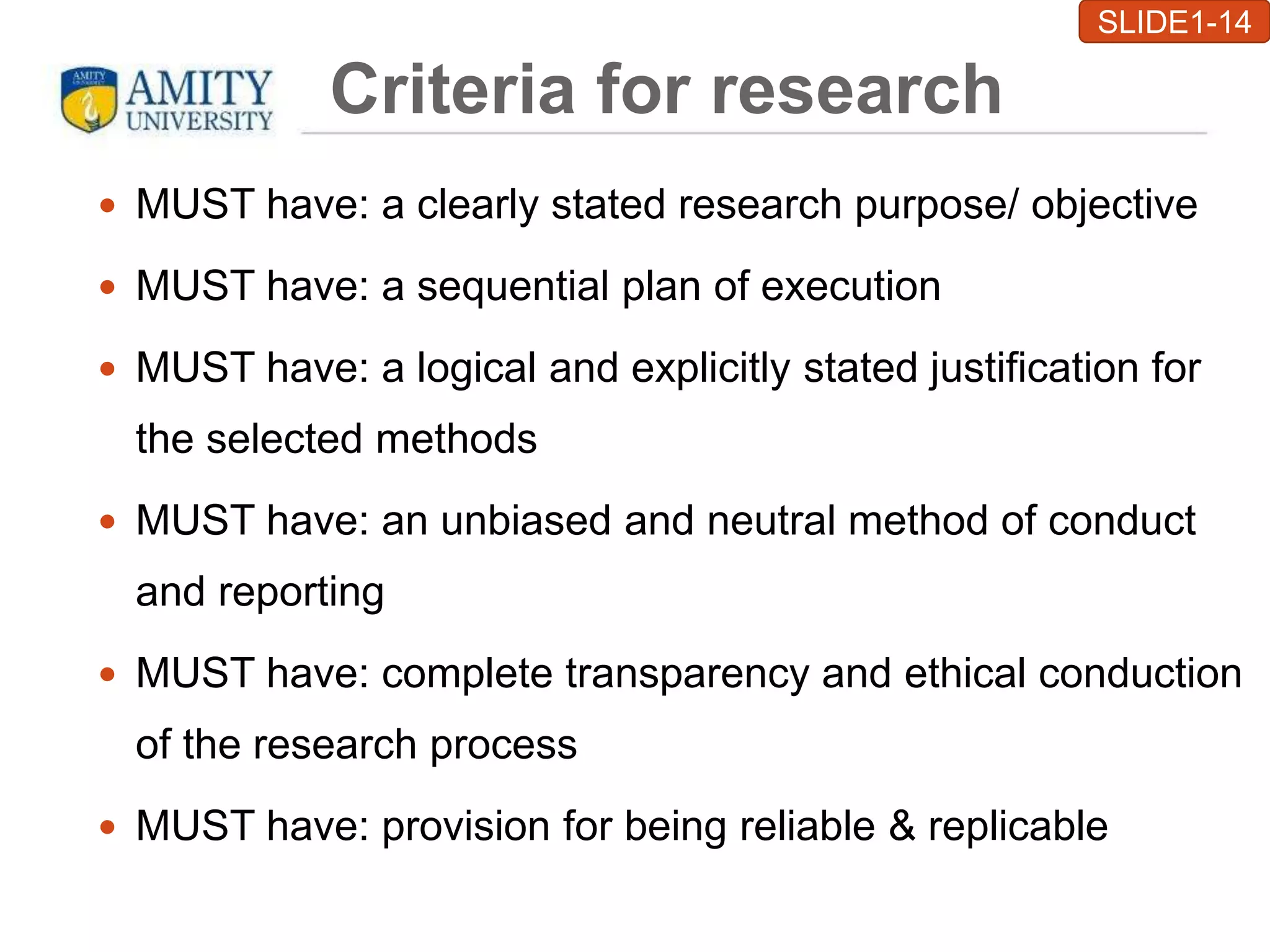 Criteria for research
 MUST have: a clearly stated research purpose/ objective
 MUST have: a sequential plan of execution
 MUST have: a logical and explicitly stated justification for
the selected methods
 MUST have: an unbiased and neutral method of conduct
and reporting
 MUST have: complete transparency and ethical conduction
of the research process
 MUST have: provision for being reliable & replicable
SLIDE1-14
 