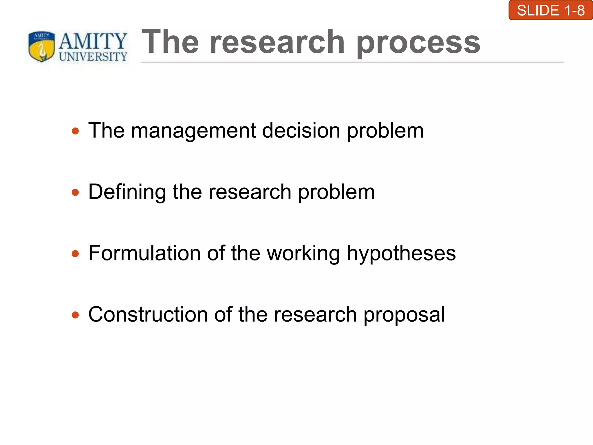 The research process
 The management decision problem
 Defining the research problem
 Formulation of the working hypotheses
 Construction of the research proposal
SLIDE 1-8
 