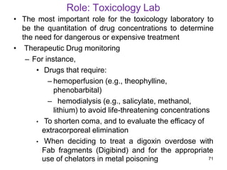 Role: Toxicology Lab
• The most important role for the toxicology laboratory to
be the quantitation of drug concentrations to determine
the need for dangerous or expensive treatment
• Therapeutic Drug monitoring
– For instance,
• Drugs that require:
– hemoperfusion (e.g., theophylline,
phenobarbital)
– hemodialysis (e.g., salicylate, methanol,
lithium) to avoid life-threatening concentrations
• To shorten coma, and to evaluate the efficacy of
extracorporeal elimination
• When deciding to treat a digoxin overdose with
Fab fragments (Digibind) and for the appropriate
use of chelators in metal poisoning 71
 