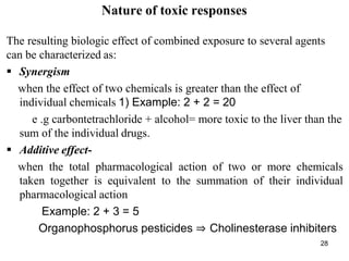 28
Nature of toxic responses
The resulting biologic effect of combined exposure to several agents
can be characterized as:
 Synergism
when the effect of two chemicals is greater than the effect of
individual chemicals 1) Example: 2 + 2 = 20
e .g carbontetrachloride + alcohol= more toxic to the liver than the
sum of the individual drugs.
 Additive effect-
when the total pharmacological action of two or more chemicals
taken together is equivalent to the summation of their individual
pharmacological action
Example: 2 + 3 = 5
Organophosphorus pesticides ⇒ Cholinesterase inhibiters
 