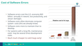 Cost of Software Errors
• Software errors cost the U.S. economy $60
billion annually in rework, lost productivity, and
actual damages.
• Software costs often dominate computer
system costs (this we already know)
• Software costs more to maintain than to
develop.
• For systems with a long life, maintenance
costs may be several times development
costs.
• Much much cheaper to catch bugs early!
27
 